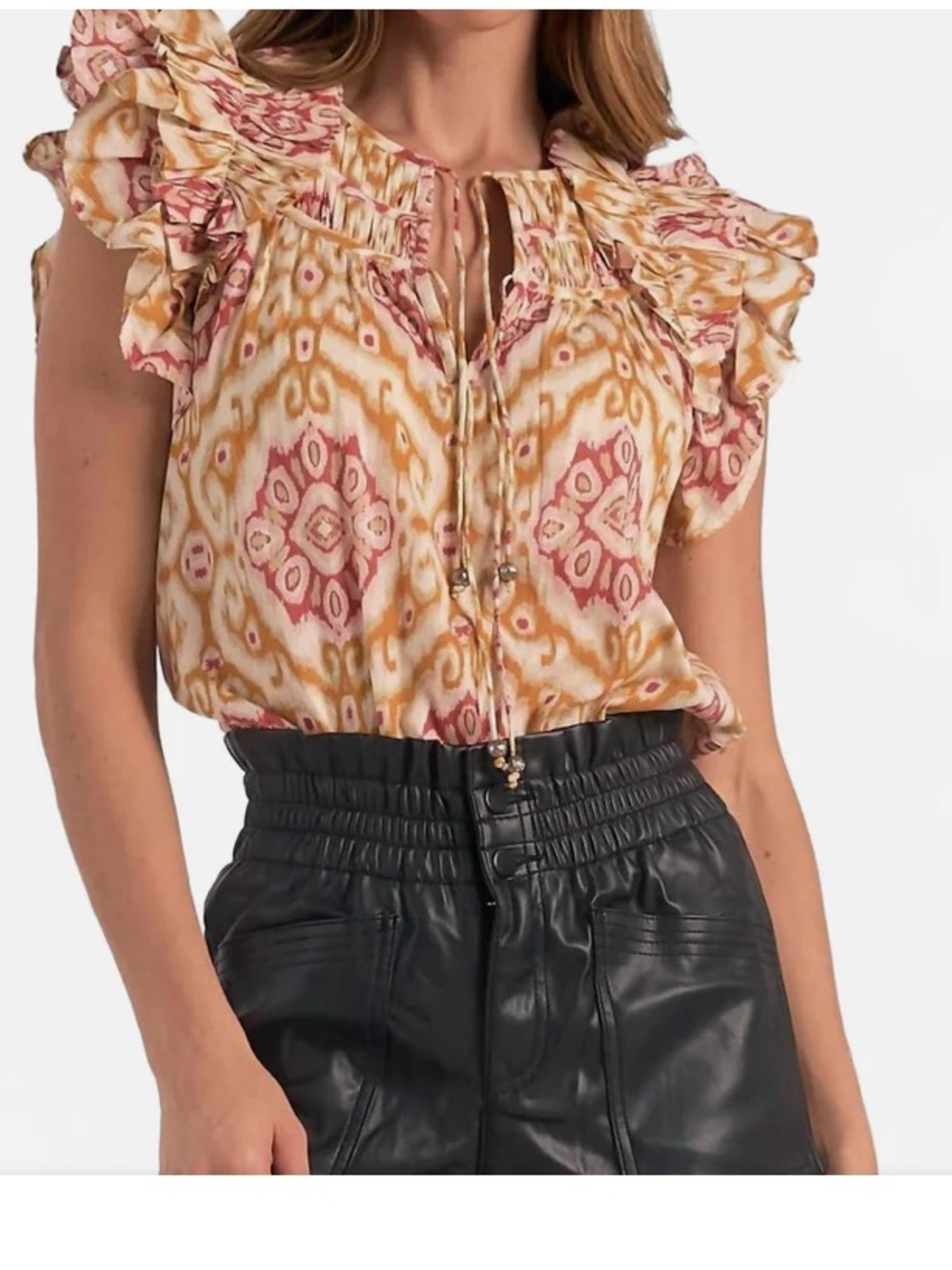 Elan Pink and Gold Ruffled Tie-Neck Ikat Blouse size S